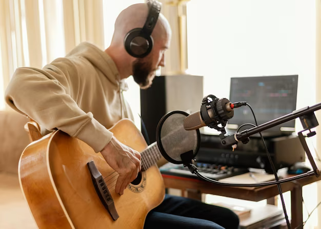 Man playing guitar and recording song